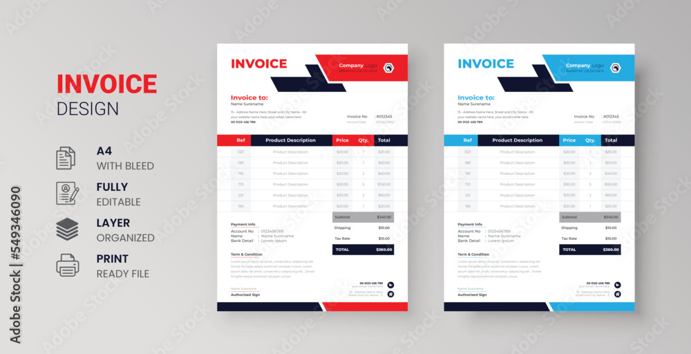 Invoice design for corporate business marketing company clean restaurant letterhead design
