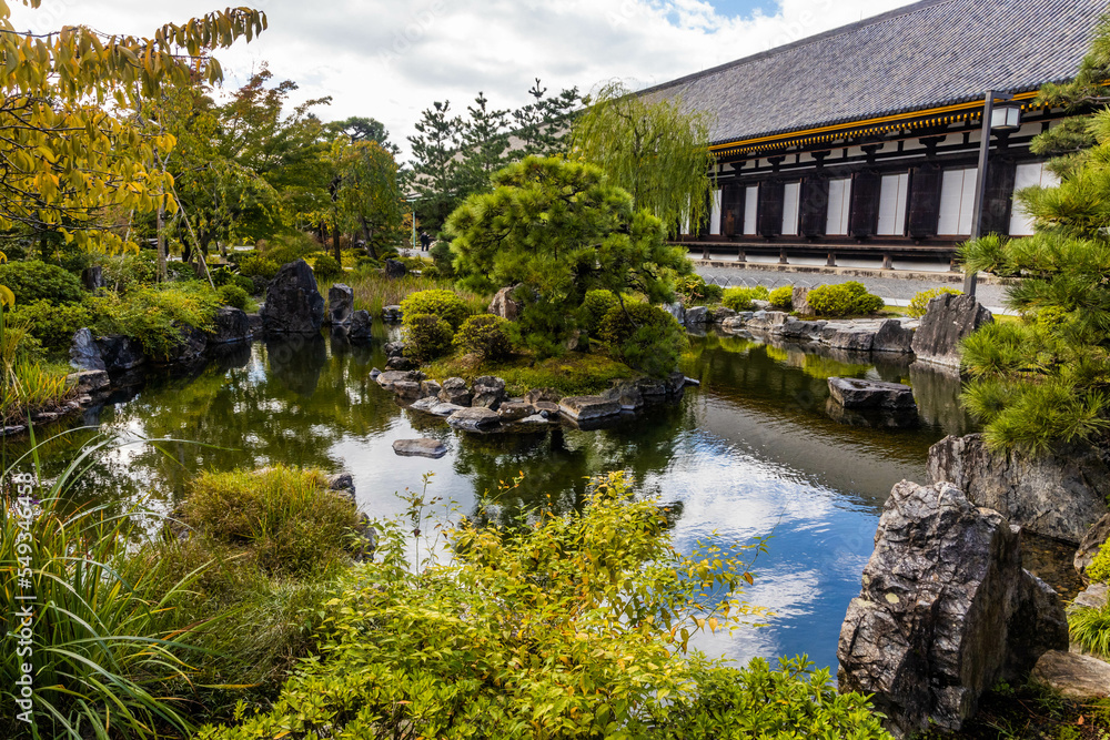Scenic pond park exterior of Rengeoin Sanjusangendo temple shrine