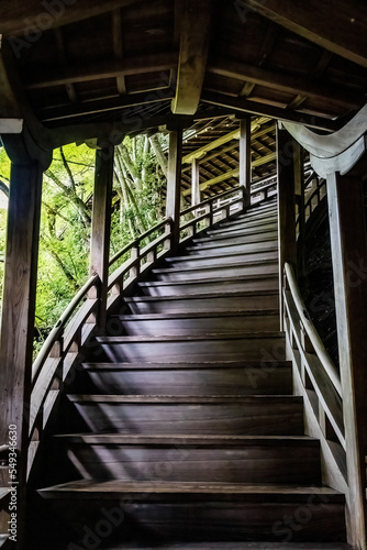 Beautiful wooden stairs of ancient Eikando Temple