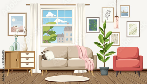 Living room interior with a sofa, an armchair, a dresser, pictures on the wall, and a big window. Retro Scandinavian interior design. Cartoon vector illustration