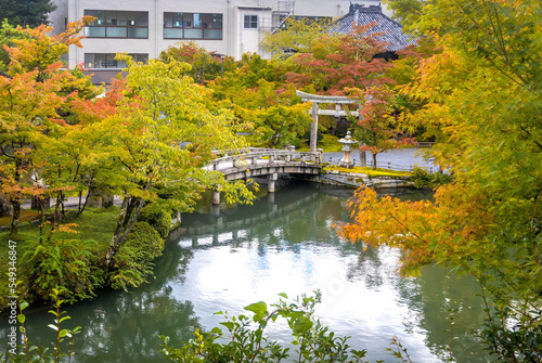 Beautiful stone bridge in Eikando Temple pond at fall photo