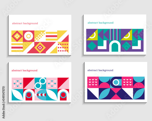 Set of patterns with geometric shapes in the Bauhaus style. Horizontal flyers with colorful shapes - circles, triangles and squares. Vector illustration in modern style. Creative cover for magazine
