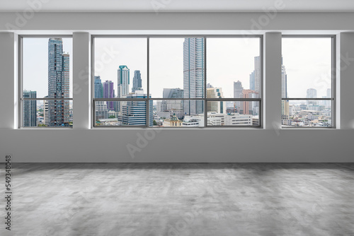 Empty room Interior Skyscrapers View Bangkok. Downtown City Skyline Buildings from High Rise Window. Beautiful Expensive Real Estate overlooking. Day time. 3d rendering.