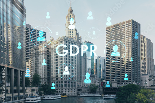 Panorama cityscape of Chicago downtown and Riverwalk, boardwalk with bridges at day time, Illinois, USA. GDPR hologram, concept of data protection regulation and privacy for individuals