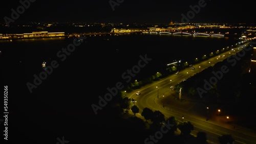 Aerial view of the highway in historical and at the same time modern city of  St. Petersburg on a summer night