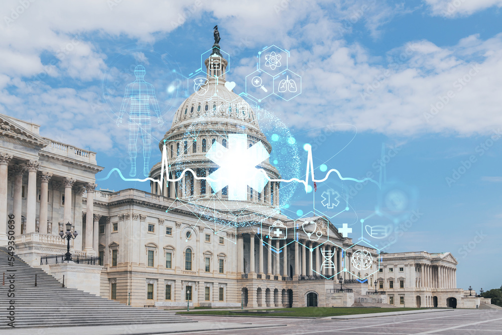 Obraz premium Capitol dome building exterior, Washington DC, USA. Home of Congress and Capitol Hill. American political system. Health care digital medicine hologram. The concept of treatment and disease prevention