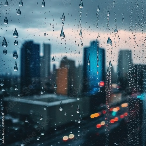 Photography of raindrops on the windows glass in focus with blured city skyline in the background