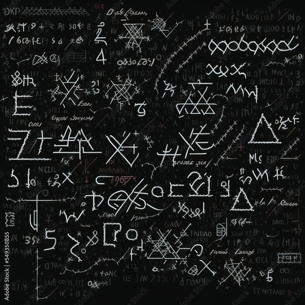 Ancient characters, data encoding glyphs tribe mathematical equation formula, dark background