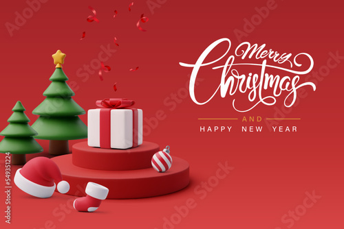 3d Podium Christmas celebration, merry Christmas and happy new year.