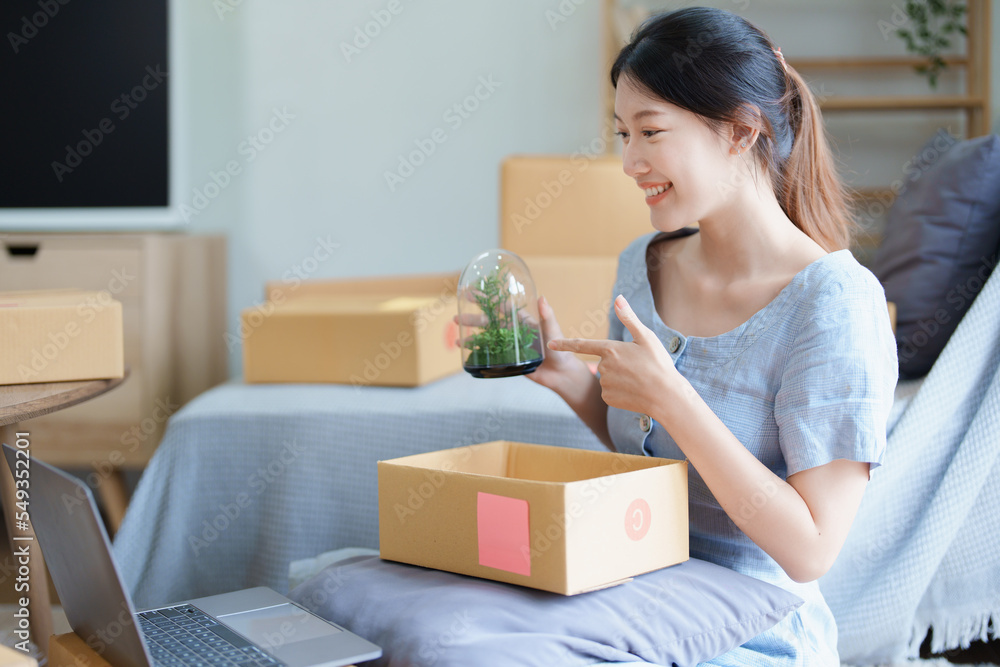 Starting small business entrepreneur of independent young Asian woman online seller using a computer showing products to a customer before making a purchase decision. SME delivery concept Starting small business entrepreneur of independent young Asian woman online seller using a computer showing products to a customer before making a purchase decision. SME delivery concept
