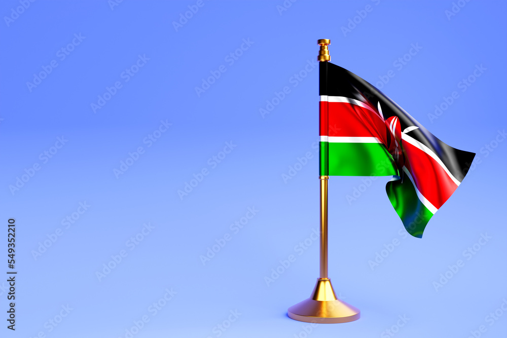 Realistic national flag of Kenya. on steel pole on blue isolated background. Blank table flag , suitable for design, mockup. 3D illustration. Realistic national flag of Kenya. on steel pole on blue isolated background. Blank table flag , suitable for design, mockup. 3D illustration.