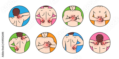 Body pains sketch set. Pain in the human body. Ache in head, neck, shoulder, knee, chest, abdomen, wrist, back, elbow.