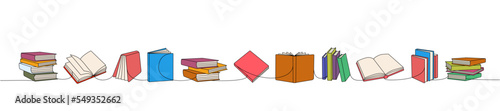 Books one line colored continuous drawing. Bookstore, library continuous one line colorful illustration. Vector minimalist linear illustration.