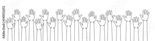 Raised hands one line continuous drawing. Collaboration, solidarity continuous one line illustration. Vector minimalist linear illustration.
