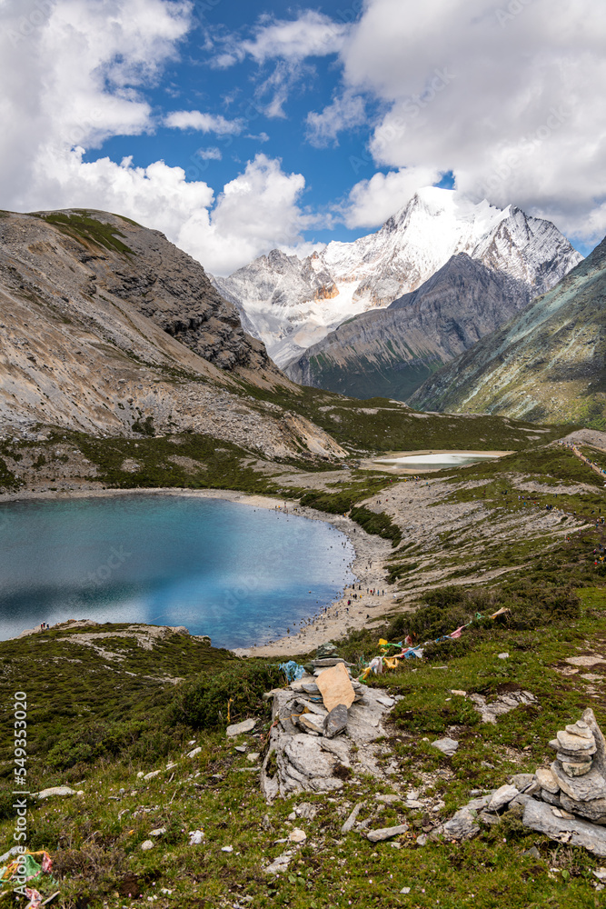 Vertical image of Snow mountain and Five color Lake (Wuse Hai) in Yading national reserve, Daocheng county, Sichuan province, China. Blue sky with copy space for text