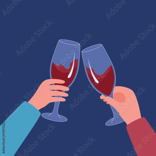 Two wine glasses toast celebration in flat design. Champagne cheers.