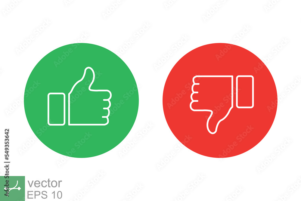 Hand thumb up and thumb down icon. Simple outline style. Green and red circle, like, positive, good, wrong, voting concept. Thin line vector illustration isolated on white background. EPS 10. Hand thumb up and thumb down icon. Simple outline style. Green and red circle, like, positive, good, wrong, voting concept. Thin line vector illustration isolated on white background. EPS 10.
