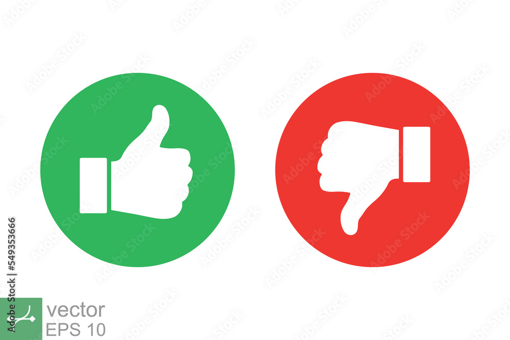 Hand thumb up and thumb down icon. Simple flat style. Green and red circle, like, unlike