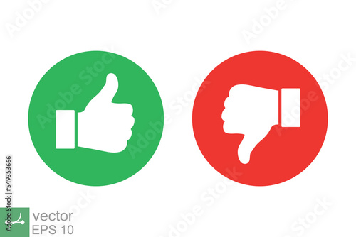 Hand thumb up and thumb down icon. Simple flat style. Green and red circle, like, unlike, positive, negative, good, bad, voting concept. Vector illustration isolated on white background. EPS 10.