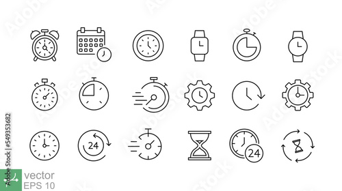 Time and clock icon set. Simple outline style. Timer, speed, alarm, restore, management, calendar, watch. Thin line vector symbols for web and mobile phone isolated on white background. EPS 10.