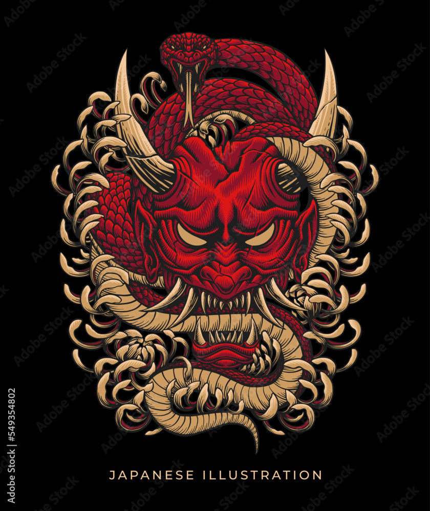 Fototapeta premium Oni mask illustration design with dark art style