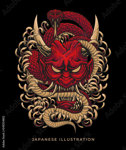 Fotografia Oni mask illustration design with dark art style