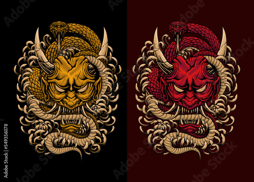 Set of oni mask evil illustration design with detail vector