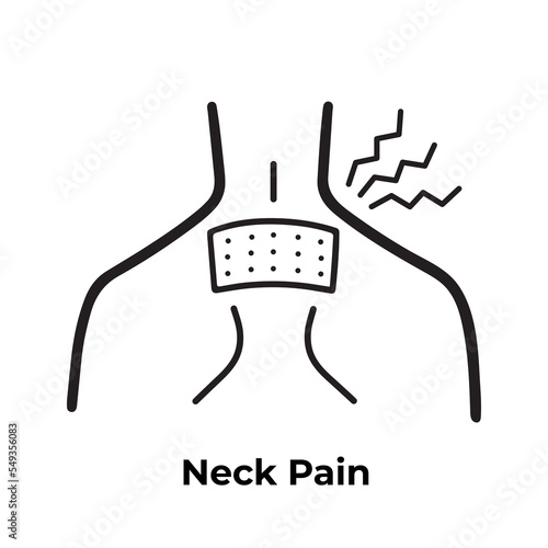 Hot patch on uppper back neck for neck pain relievement vector icon isolated on plain white background. Neck pain struggle pictogram with simple flat line art drawing for medical or doctor purposes.
