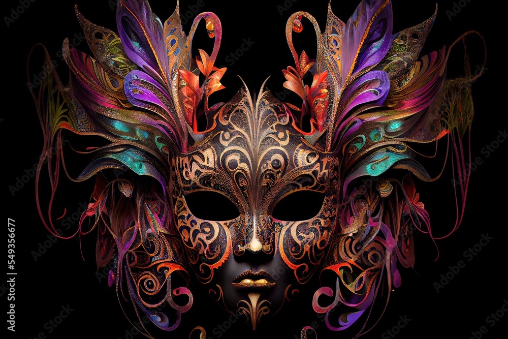 Computer-generated image of an intricate Mardi Gras mask. Traditional Mardi Gras mask with ornate feathers and purple, gold, and green highlights for Fat Tuesday