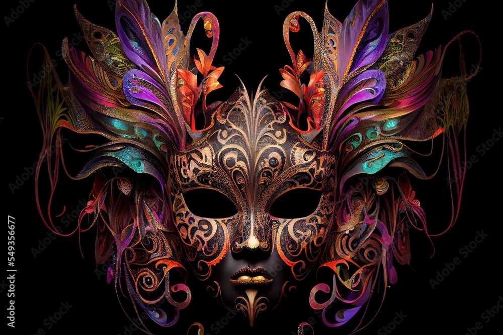 Naklejka premium Computer-generated image of an intricate Mardi Gras mask. Traditional Mardi Gras mask with ornate feathers and purple, gold, and green highlights for Fat Tuesday