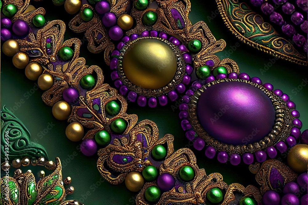 Computer-generated image of an intricate Mardi Gras beads. Traditional Mardi Gras beads with ornate feathers and purple, gold, and green highlights for Fat Tuesday