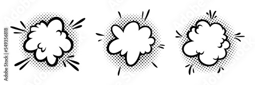 Comic boom effect clouds. Set of explosion bubbles and smoke. Vector illustration isolated on white background