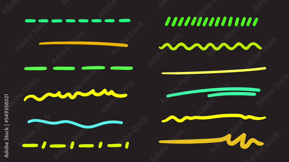 Abstract neon elements on isolated black background. Glowing lines. Hand drawn underlines. Signs for design