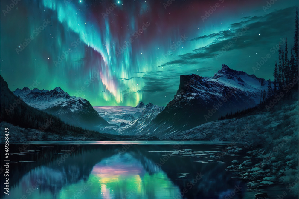 Fototapeta premium Aurora Borealis over Snowy Mountains, AI Generated Illustration