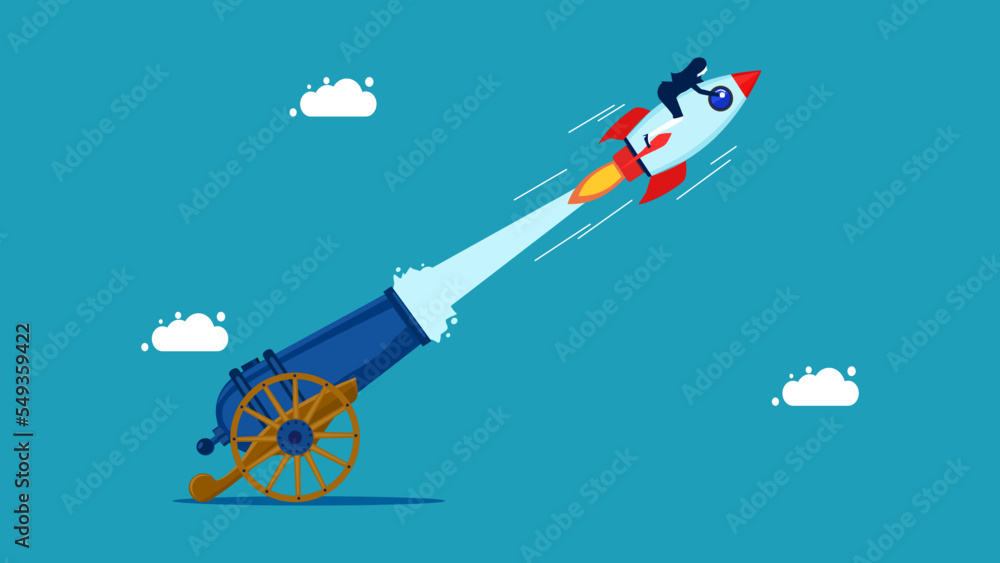Business boosting. Businessman shot out of cannon. vector illustration