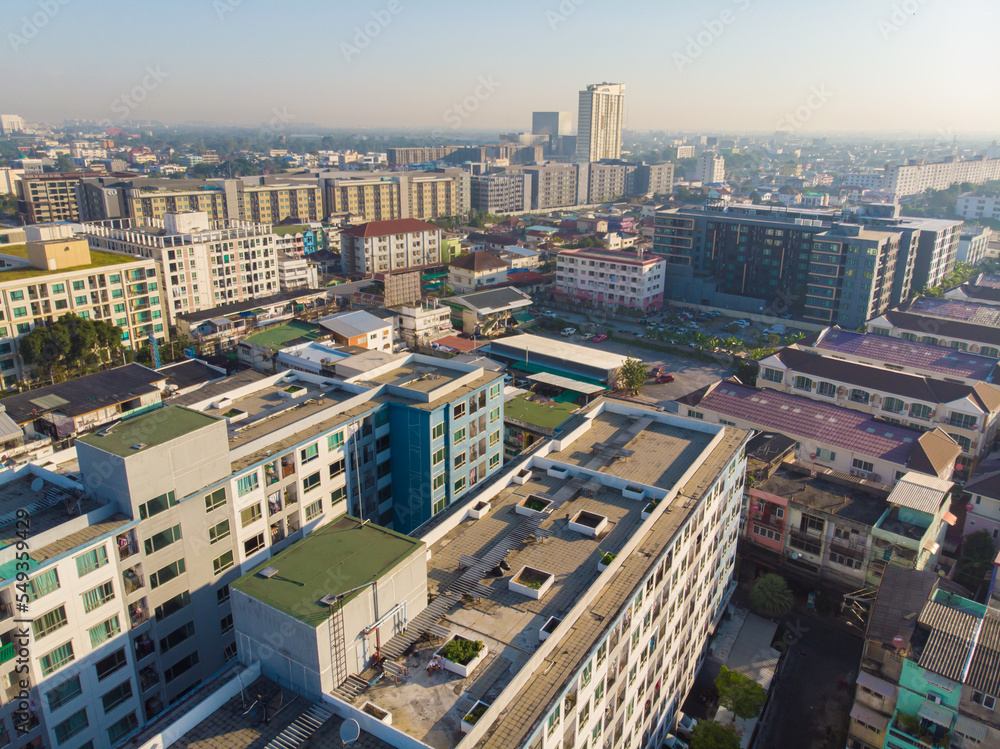 Naklejka premium Aerial view metropolitan city office building morning sky