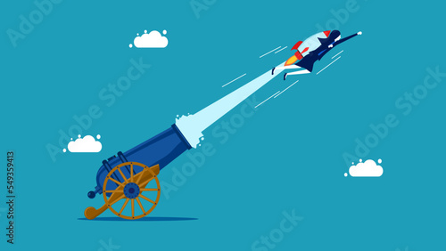 Business boosting. Businesswoman shot out of cannon. vector illustration
