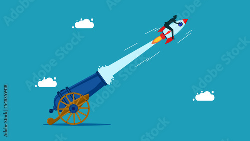 Business boosting. Businessman shot out of cannon. vector illustration