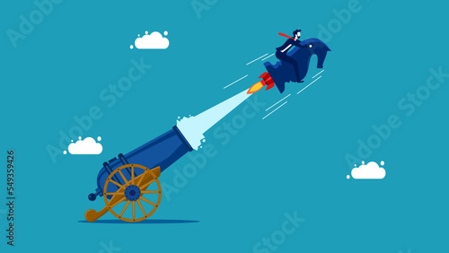 business strategies boosting. Businessman flying on a chess horse coming out of a cannon. vector illustration