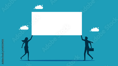 business people holding blank sign. Business presentation or announcement. vector illustration © Nastudio