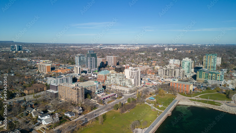 Aerial view of the coast in Burlington Ontario near Brant Street Pier