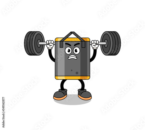 punching bag mascot cartoon lifting a barbell