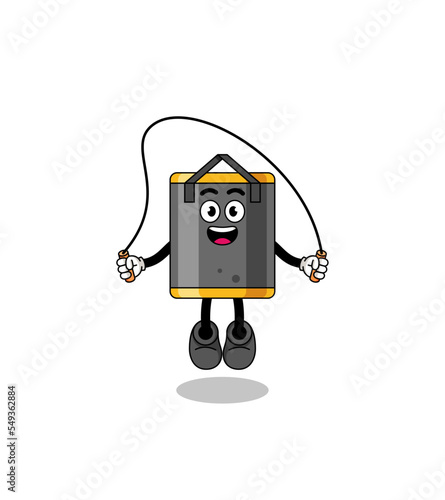 punching bag mascot cartoon is playing skipping rope