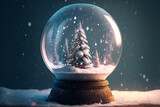 Beautiful snow globe with snowy landscape and trees on a Christmas themed background copy space