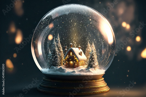 Beautiful snow globe with snowy landscape, winter home castle and trees on a Christmas themed background copy space photo