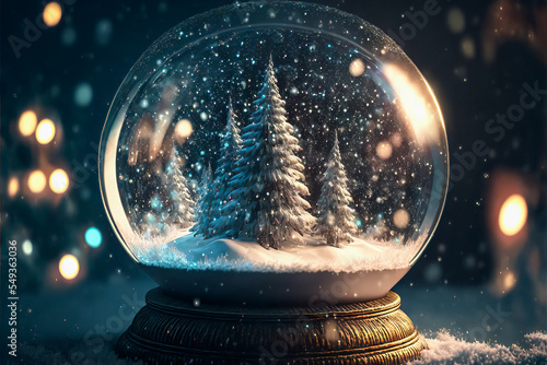 Beautiful snow globe with snowy landscape and trees on a Christmas themed background copy space photo