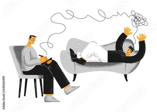 Psychotherapy, problem solving, psychotherapist visit, flat vector illustration