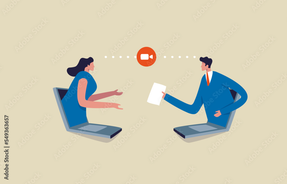 Business team doing virtual meeting. People on connected screens. businessman and woman online meeting. Illustration