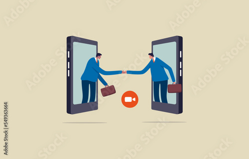 Business handshake. communication Business agreement. two businessman handshake on connected screens. Illustration