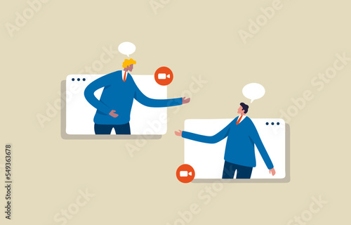 Remote work team meeting.  Two Businessman are having a video conference. Illustration